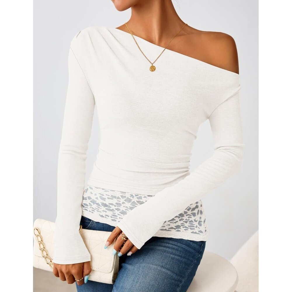 Women's White Long Sleeve Off Shoulder Tops Casual Boat Neck Lace Shirts Blouses